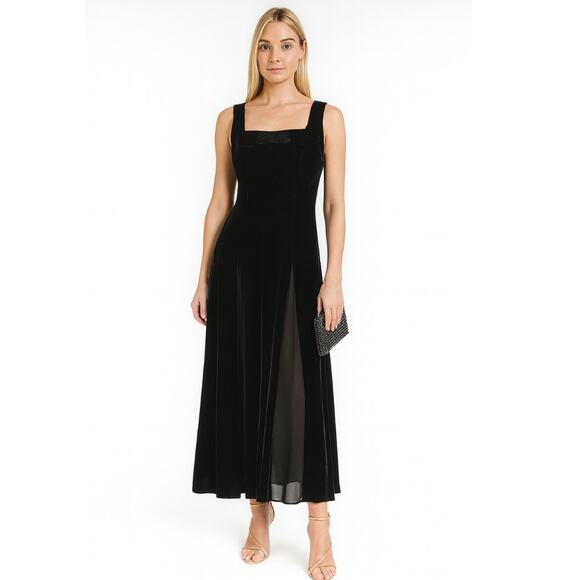 HVN Viv Pleated Chiffon and Velvet Maxi Dress 2 Black NWT - Picture 2 of 10